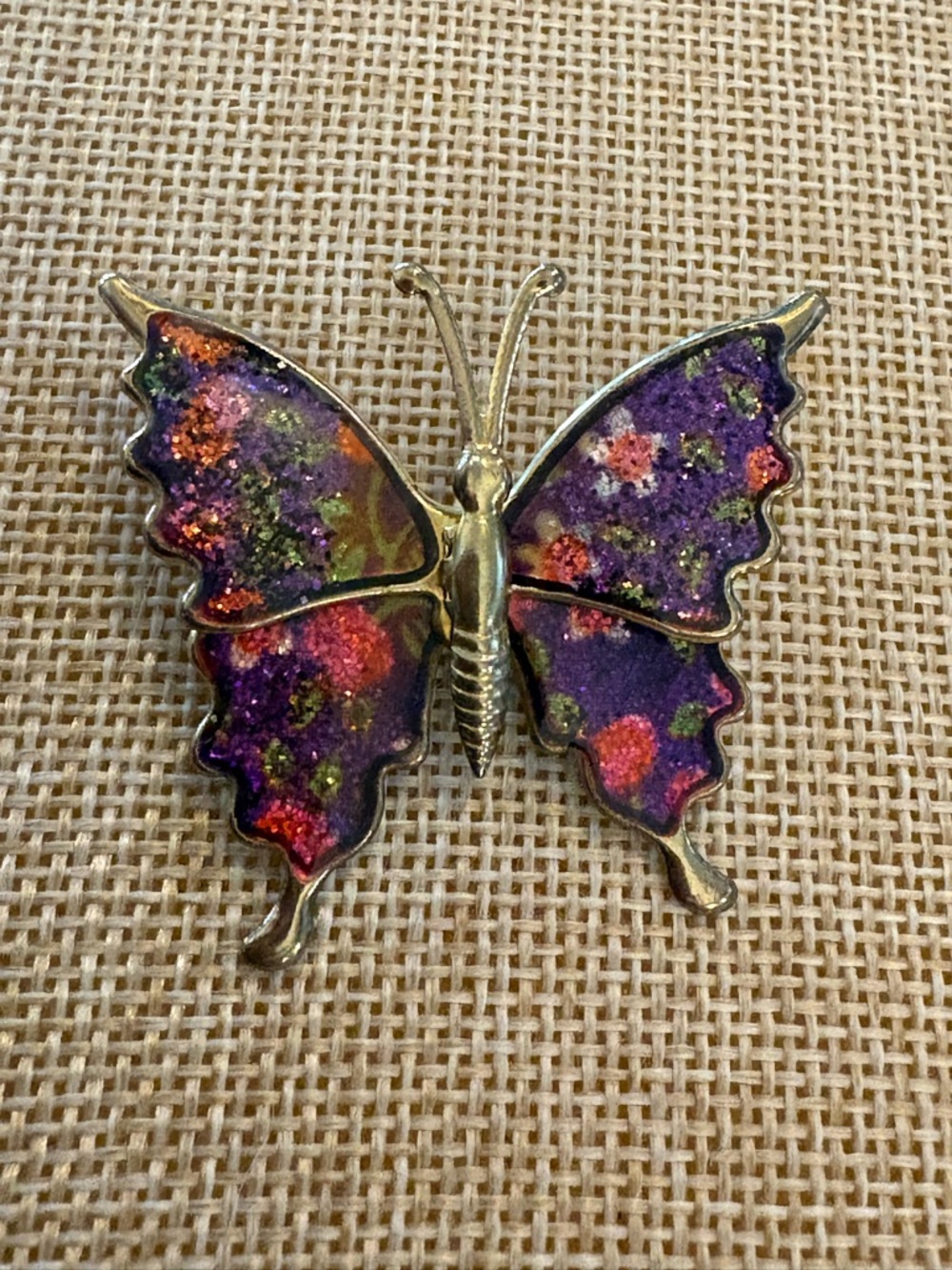 Vintage Butterfly Brooch Gold Tone Purple Iridescent Enamel Pin